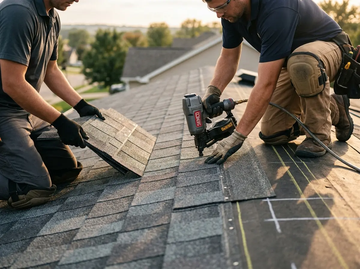 Professional roofer working on a residential roof in Massac